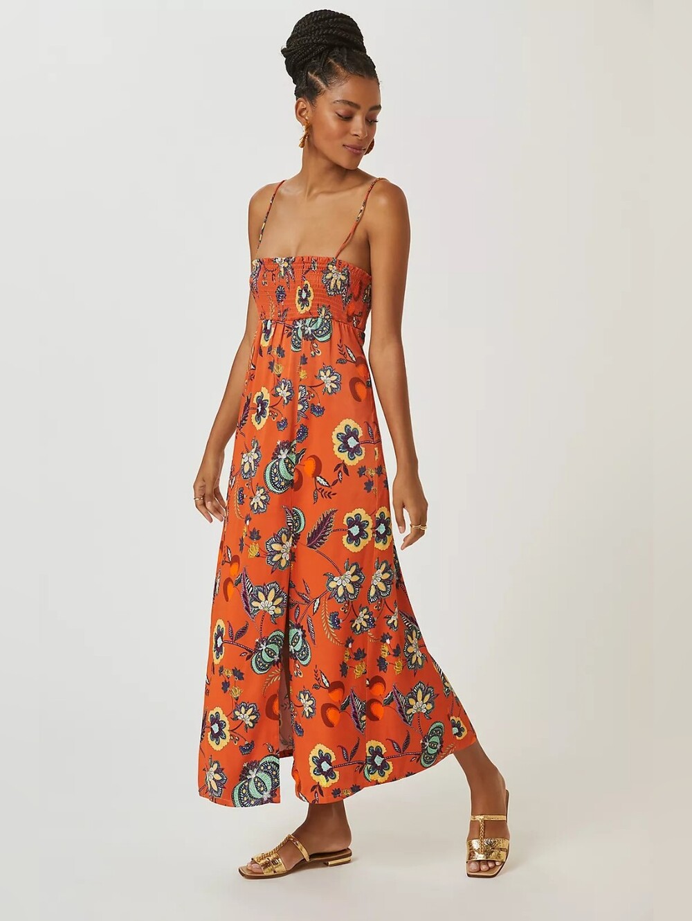 Maeve by Anthropologie Floral Smocked Maxi Dress Orange XS